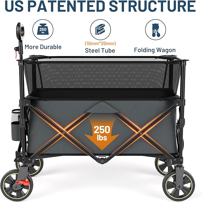Timber Ridge 350L Extra Large Collapsible Folding Wagon Carts with Brake, Heavy Duty Outdoor Camping Utility Wagons with Extended Height, Adjustable Handle, Cup Holders, Side Bag (Gray)