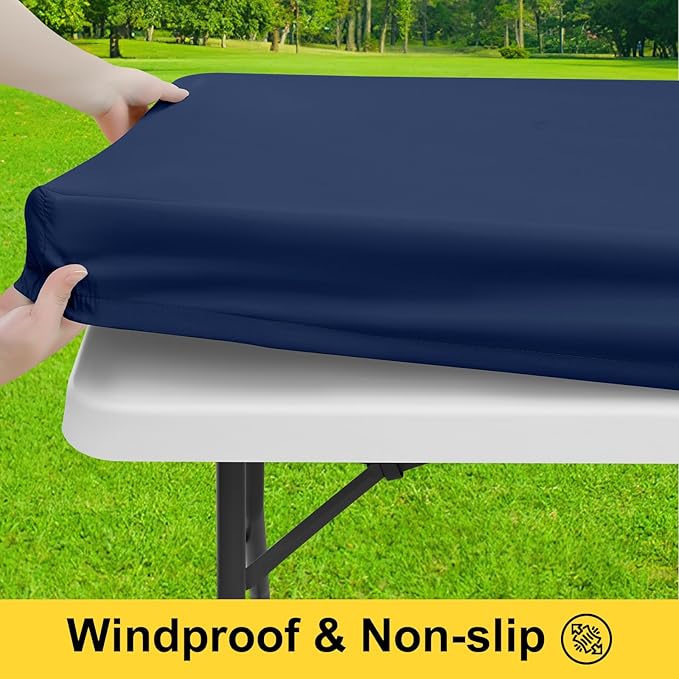 Smiry Picnic Table Cover with Bench Covers, Waterproof Elastic Fitted Polyester Tablecloths for 6 Ft Rectangle Tables, Washable Windproof Tablecloth for Camping, RV & Outdoor (Navy, 30x72 Inches)
