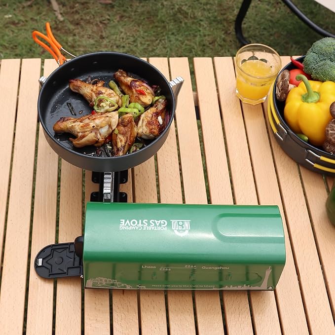 Portable Butane Gas Camping Stove - 7500 BTU Compact Folding Design with Carry Bag for Backpacking, RV Trips, Picnic & Outdoor Indoor Cooking, Green