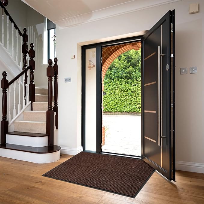 Low Profile Rubber Door Mat, 60x35inch, Heavy Duty, Entrance Doormat, Indoor and Outdoor, Waterproof, Easy Clean Shoe Scraper, Home Rug Welcome Mats for Entryway, Patio, Porch, Brown