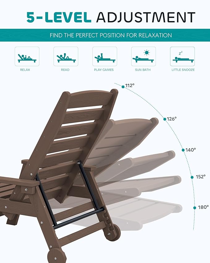 SERWALL Patio Chaise Lounge Chair Set of 2, 78'' Long 5-Positions Adjustable HDPE Outdoor Lounge Chair for Pool, Poly Lounge Chair with Rolling Wheels & Cup Holder for Poolside, Deck, Coffee Brown