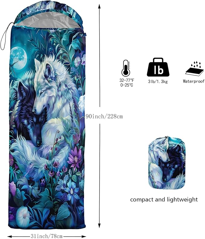 Sleeping Bags for Adults and Kids,3D Printing Camping Sleeping Bag for Girls Boys Lightweight Waterproof Cold/Warm 3-Season,Outdoor Travel with Compression Bags