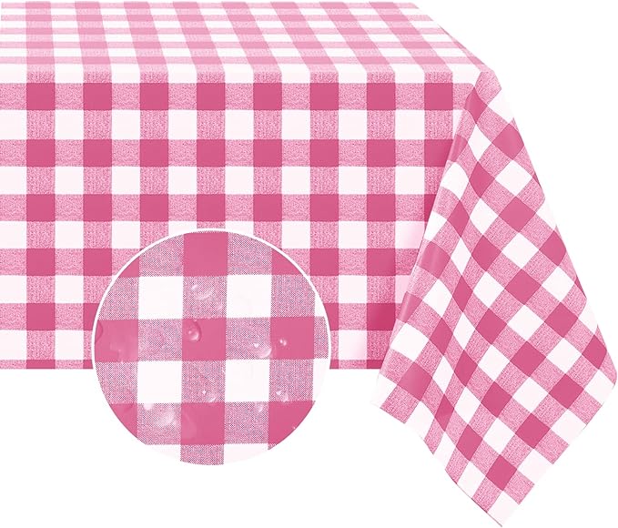 Romanstile Square Vinyl PVC Tablecloth, 100% Waterproof Buffalo Plaid Plastic Table Cloth, Oil Proof Heavy Duty Wipeable Table Covers for Dining/Camping/Picnic/Outdoor - 54 x 54, Hot Pink