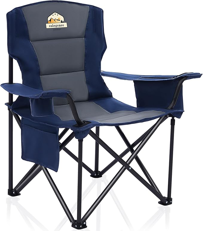 Oversized Folding Camping Chairs - 450 LBS Support Heavy Duty Camp Chair with Padded Cushion, Portable Outside Chairs with Carry Bag,Cooler, Cup Holder for Outdoor, Lawn, Sports - Blue