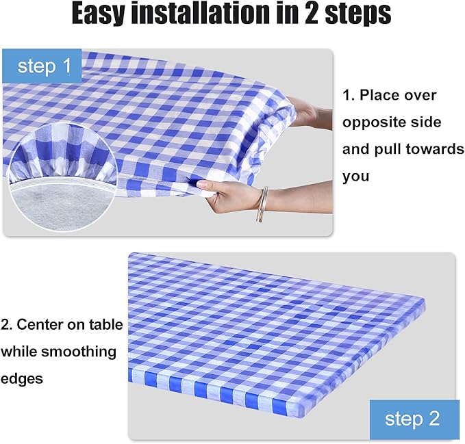 Fitable Checkered Picnic Table Cover Waterproof Vinyl Fitted Table Cover Flannel Backing Outdoor Indoor Tablecloth 30"x72" for Picnic, Travel, Holiday, Party, Folding Table, Blue