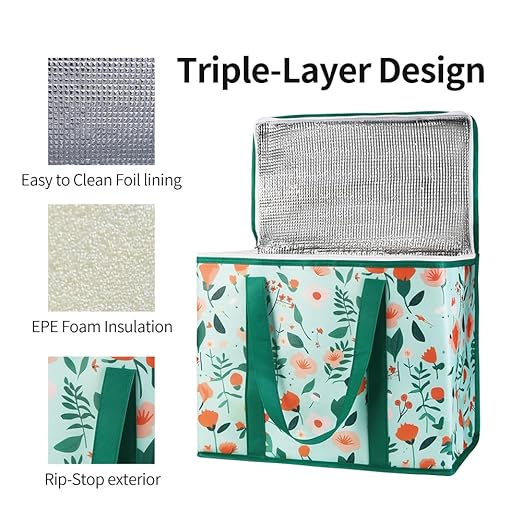 Bodaon 5-Pack Cooler Insulated Food Delivery Bag, Thermal Hot Pizza,X-Large Bags With Top Zippered for Grocery/DoorDash/Catering/Shopping, Large Cold and Frozen Door Dash Accessories, XL Tote, Flower