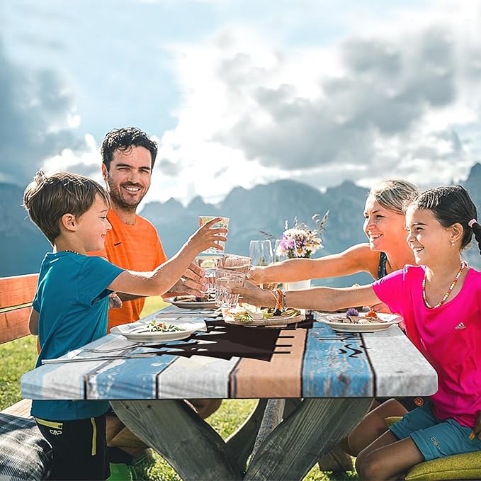 Picnic Table Cover with Bench Covers Elastic Edges, Blue Camper Fitted Table Cover, Outdoor Patio Camping Essentials 72 Inch 3PCS, Waterproof Camping Fitted Tablecloth with Drawstring Bag