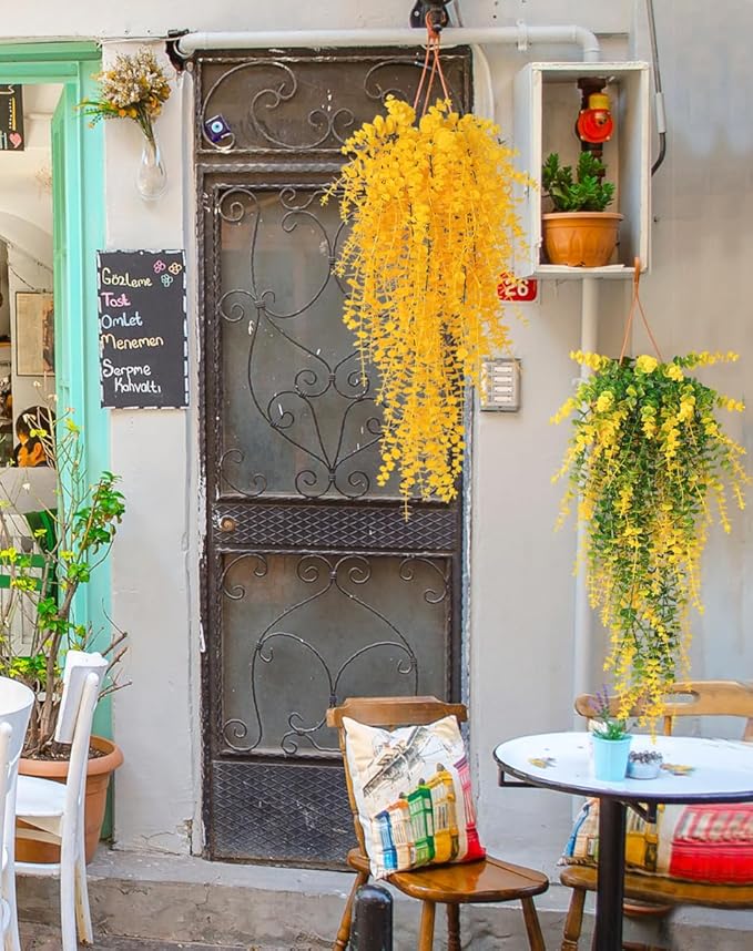 RECUTMS Artificial Plants Hanging Outdoor Fake Plants Hanging Vines Faux Eucalyptus Leaves Greenery Vines Fake Vines Plants for Room Wall Decor Garden Outdoor Wedding Courtyard Decoration(Yellow)