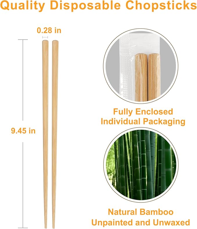 100Pairs Bamboo Chopsticks Disposable | Individually Wrapped | Bulk | Separated | Round | Premium Quality-(9.45in)