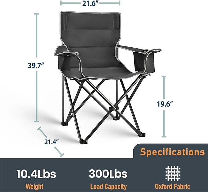 2 Pack Camping Chair Folding Heavy Duty with Cup Holder & Cooler Bag, Oversized Portable Lawn Chair for Adults, Tall and Lightweight, 300 lbs Capacity, for Beach, Fishing, Sports, Travel