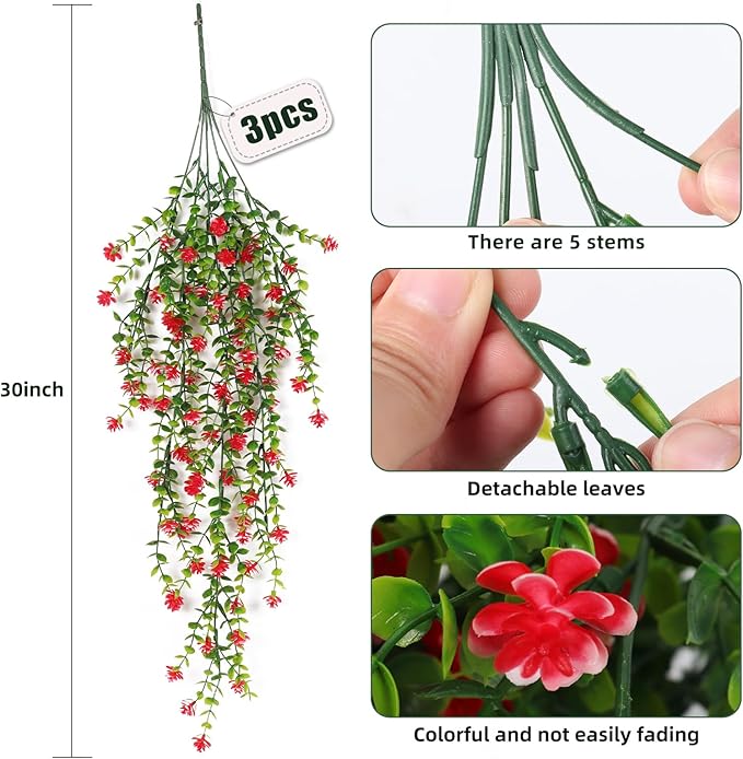 RECUTMS Artificial Hanging Plants Fake Hanging Vine Flowers Fake Plants Faux Hanging Plants Outdoor Faux Eucalyptus Leaf Greenery Wall Indoor Room Wall Wedding Patio Porch Decor(Red)