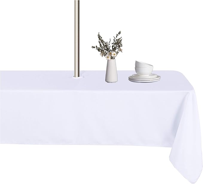 LUSHVIDA Square Outdoor Tablecloth with Umbrella Hole and Zipper, 60x60 Inch White, Washable Waterproof Table Cloth Spill Proof Wrinkle Free Table Cover for Patio Spring Summer Picnic BBQS