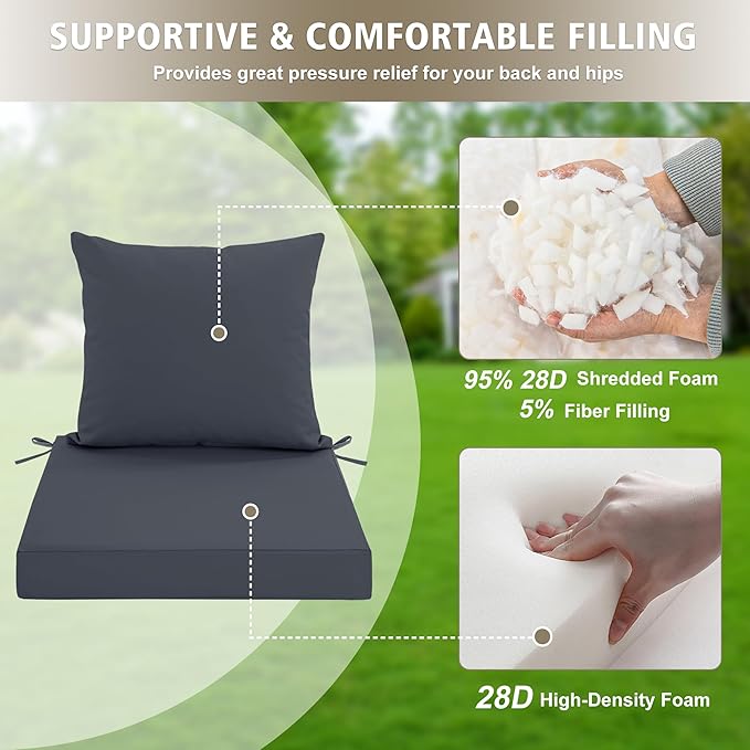 Outdoor Cushions for Patio Furniture, Waterproof Outdoor Chair Cushion w/Fade-Resistant, Removable & Machine-Washable Cover, 22x22 Inch, Deep Seat Sofa/Couch Pad Replacement – Set of 4, Dark Grey