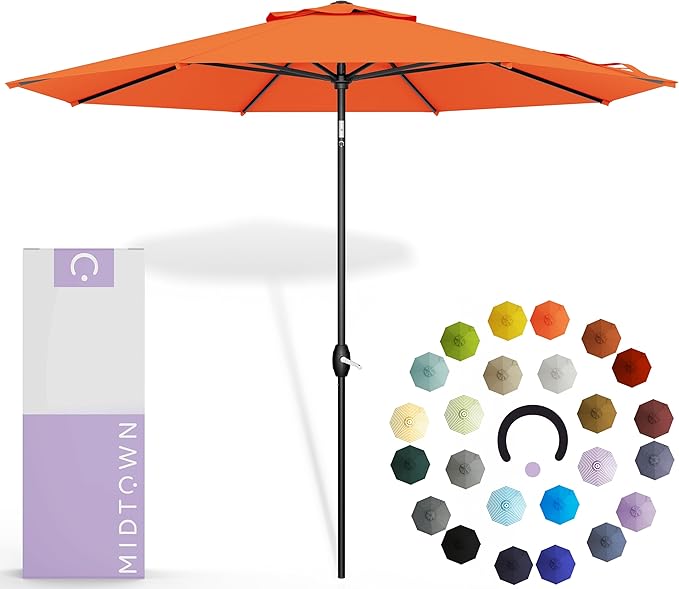Midtown Umbrellas 10-Year-No-Fade - 9 Ft - UV Proof Tangerine Polyester Fabric - Umbrella Outdoor Patio, Auto-Tilt Aluminum Frame Patio Umbrella for Garden, Pool & Deck - Black Pole