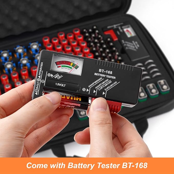 Hard Battery Organizer Storage Box, Battery Organizer Carrying Case Bag Holder Holds 148 Batteries AA AAA C D 9V - with Battery Tester BT-168 (Batteries are Not Included)