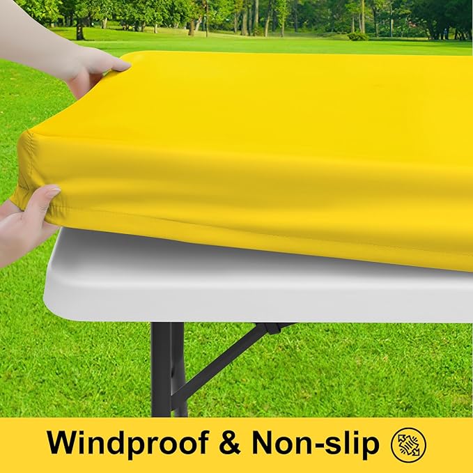 Smiry Picnic Table Cover with Bench Covers, Waterproof Elastic Fitted Polyester Tablecloths for 8 Ft Rectangle Tables, Washable Windproof Tablecloth for Camping, RV & Outdoor (Yellow, 30x96 Inches)