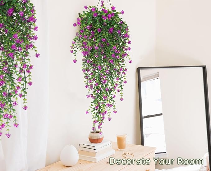 RECUTMS Artificial Fake Hanging Eucalyptus Plants Vine Hanging Plant Outdoor UV Resistant Plastic Plants Artificial Greenery for Bedroom Wall Decor Wedding Party Room Aesthetic Stuff(Fuchsia)