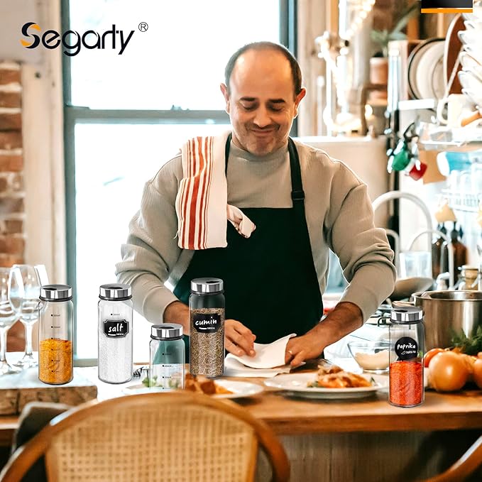 Segarty Glass Spice Jars, 3 Pack 10oz Large Spice Jar with Labels, Spice Container with Adjustable Shaker Lids, Salt Pepper Shakers Set Seasoning Bottles with 136 Stickers, 1 Chalk Marker and 1 Brush