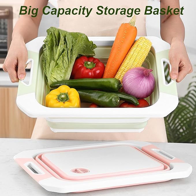 Camping Collapsible Cutting Board Dish Basin BBQ Prep Tub Camp Sink Dish Washing Station Multifunctional Storage Basket(Pink white)