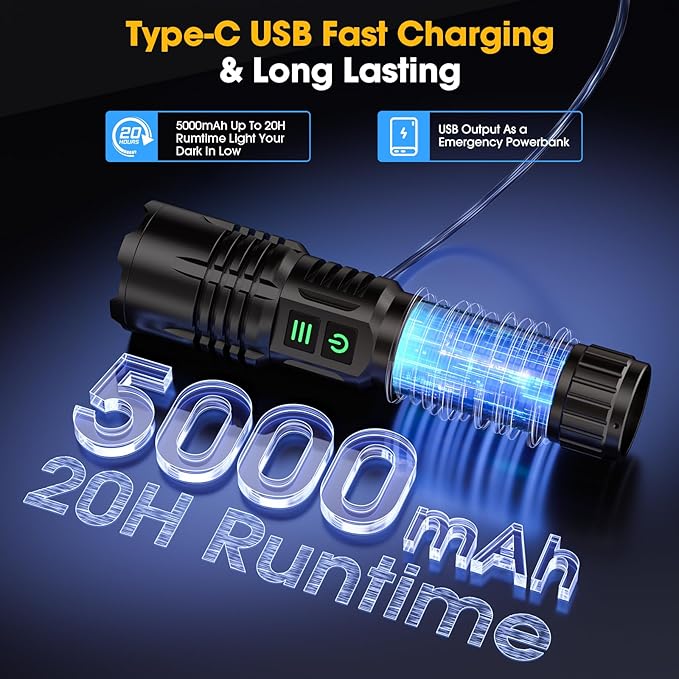 UV Blacklight&High Lumens Flashlight Rechargeable, Powerful Blacklight Flashlights for Pet Urine Detection, Resin Curing, Scorpion, Zoomable Waterproof Tactical LED Flashlight for Camping, Emgergency