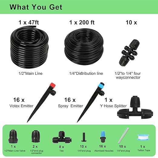 247FT Drip Irrigation Kit โ 2025 New Quick-Connect Micro Irrigation System with 1/4'' 1/2'' Tubing, Locking Nozzle Emitters, Adjustable Misting Sprayers for Gardens, Lawns,Raised Beds and Greenhouses