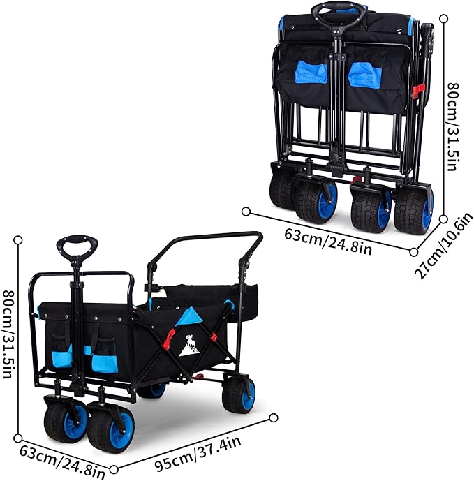 Folding Utility Wagon | Heavy-Duty Collapsible Cart with Brakes & Adjustable Handle | for Gardening, Beach Trips, Camping, Shopping & Outdoor Transport (Black Blue)