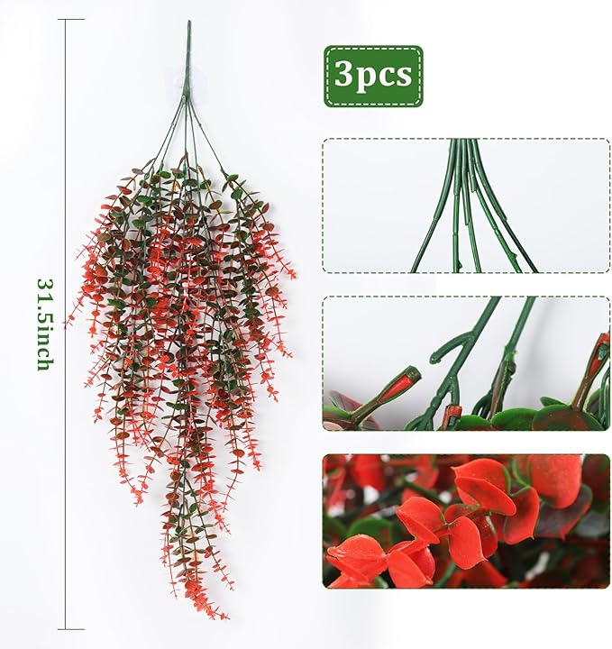 RECUTMS Artificial Monkey Hanging Plant Fake Artificial Eucalyptus Leaf Plants Faux UV Resistant Artificial Plants for Indoor Wall Room Decoration Home Backgarden Yard Porch Outdoor Decor(Orange)