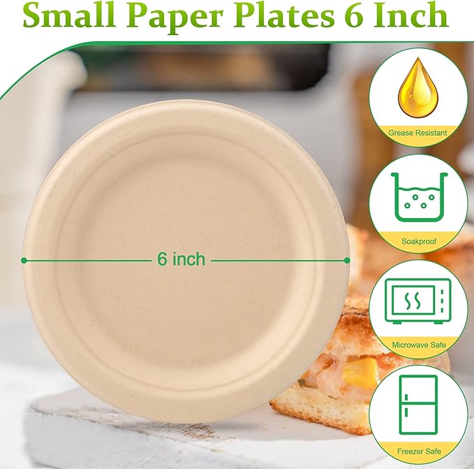 300 Pack Small Compostable Paper Plates, 6 inch, Dessert, Brown