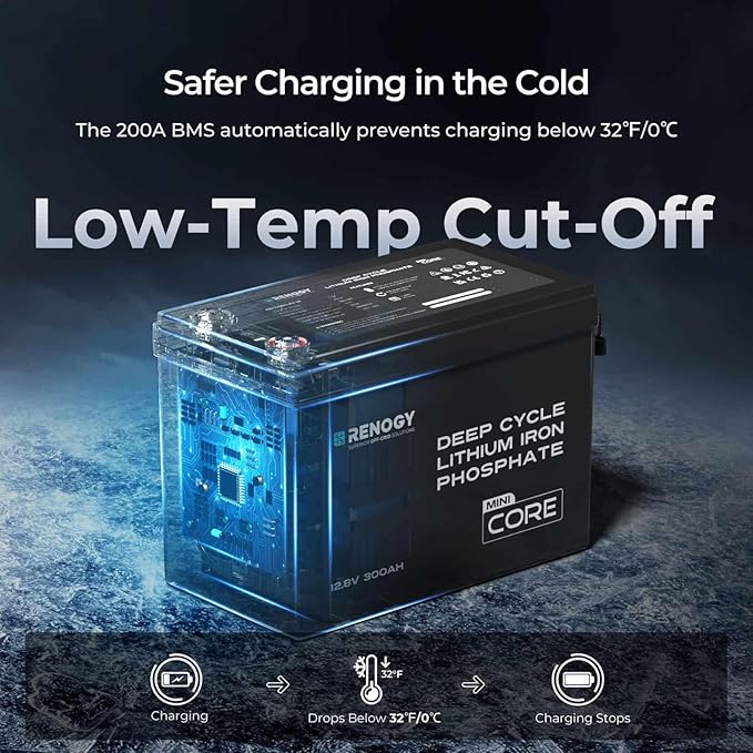 Renogy 12V 300Ah Mini Size LiFePO4 Lithium Battery, 200A BMS for Ultimate Safety, Deep Cycle w/Remote Monitoring Compatibility, Backup Power for RVs, Cabins, Marine, home storage - Core Series