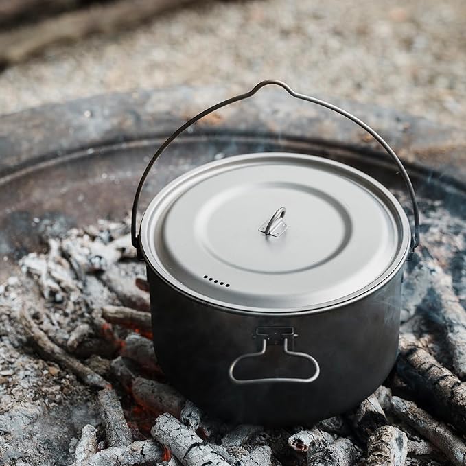 iBasingo Titanium Camping Pot with Lid 2.9L Ultralight Backpacking Cookware with Foldable Handle for Hiking, Picnic & Outdoor Durable Portable Metal Cooking Ti Hanging Pot Ti2045C