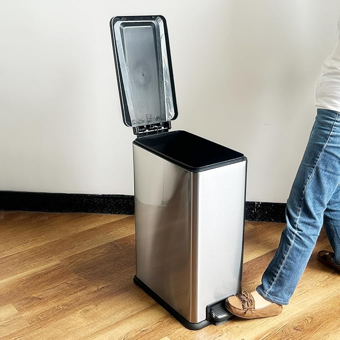 12 Gallon Trash Can with Lid,45L Kitchen Garbage Can,Stainless Steel Trash Can for Narrow Spaces with Soft-Close Lid, Inner Bucket, and Step-on Pedal