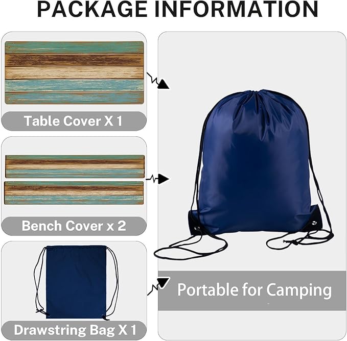 CAPSCEOLL Picnic Table Cover with Bench Covers 8Ft Waterproof Camping Tablecloth All-Weather Outdoor Table Protector with Drawstring Bag for Camping Essentials, 96X30In, Blue Brown Wood