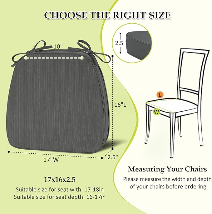 Chair Cushions for Dining Chairs, Indoor Chair Cushions with Ties,Waterproof Chair Pads Set of 6, Dark Grey, 17x16x2.5 Inch