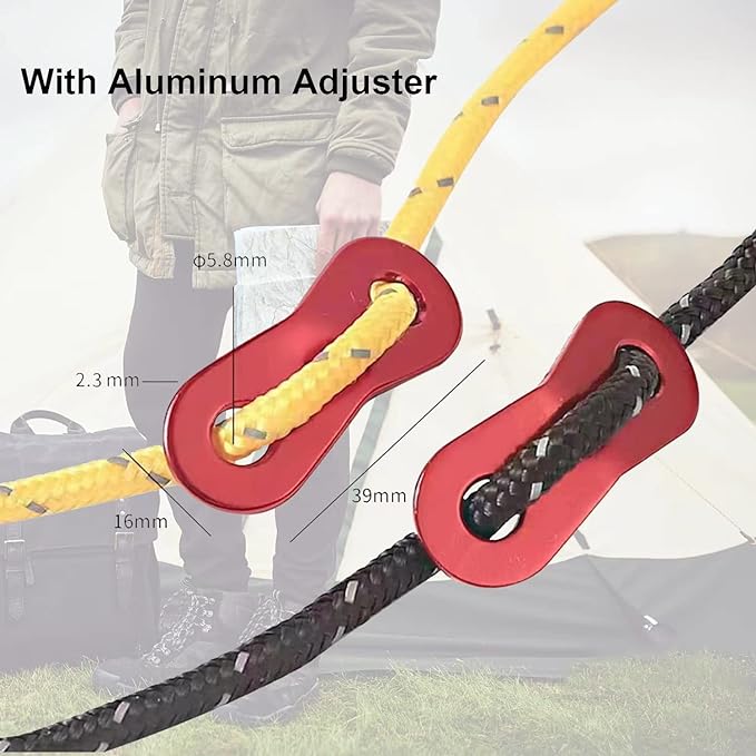 8 Pack High-Reflective Guy Lines 4mm Tent Cords High-Strength Lightweight Camp Ropes with Aluminum Adjuster Tensioner for Tent, Tying Down Tarps, Camping, Outdoor Packaging (Red, 13ft)