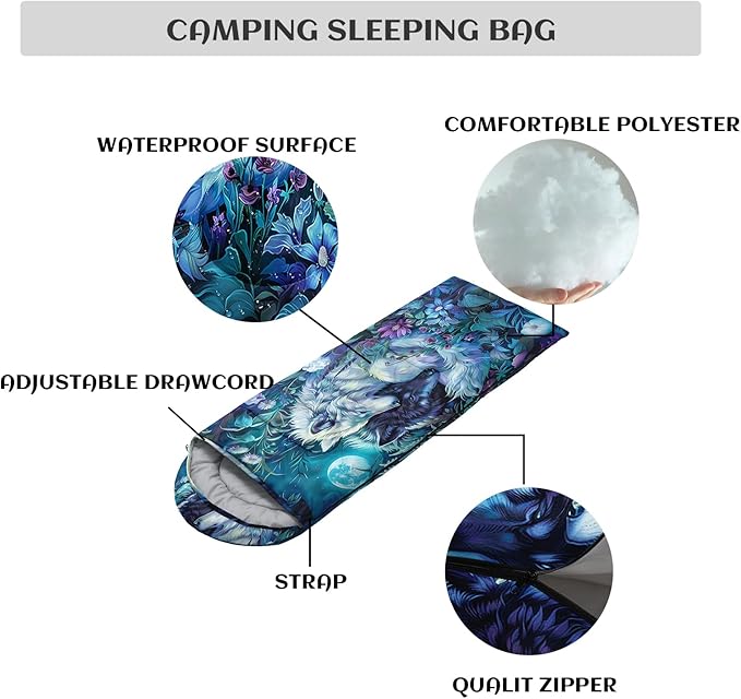 Sleeping Bags for Adults and Kids,3D Printing Camping Sleeping Bag for Girls Boys Lightweight Waterproof Cold/Warm 3-Season,Outdoor Travel with Compression Bags