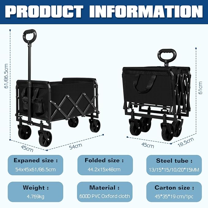 Collapsible Wagon Cart Foldable, Portable Heavy Duty Collapsible Beach Cart All Terrain with Large Capacity, Garden Wagons with Wheels for Shopping, Sports, Camping,Garden,Grocery