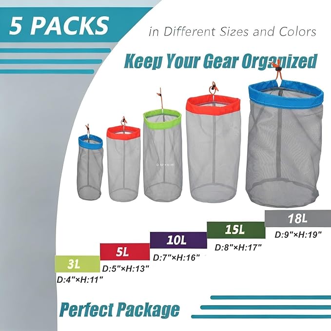 Alemon Small to XXlarge 5 Pcs Drawstring Mesh Stuff Sack, Ditty Bags Storage Pouch Bags Sleeping Bag for Travel Camping Hiking, Ultralight, Set of 5