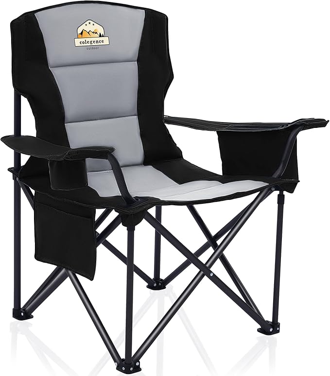 Oversized Folding Camping Chairs - 450 LBS Support Heavy Duty Camp Chair with Padded Cushion, Portable Outside Chairs with Carry Bag,Cooler, Cup Holder for Outdoor, Lawn, Sports - Black