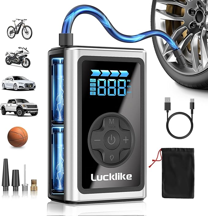 Lucklike Tire Inflator Portable Air Compressor,150PSI Portable Air Pump for Car, Bike Tire Pump with Digital Pressure Gauge, Air Pump with LED Light for Ball, Motorcycle, Bicycles
