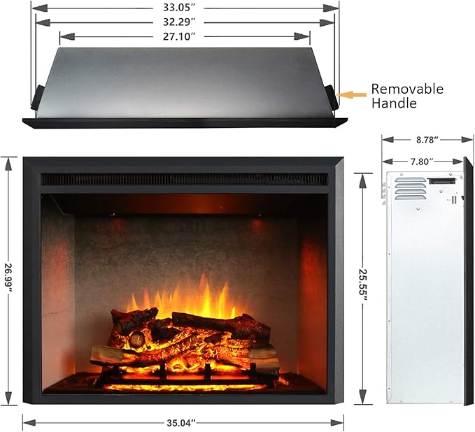 RICHFLAME 33 Inches, Edward Electric Fireplace Insert with Fire Crackling Sound, Weathered Concrete Interior, Remote Control, 750/1500W, Black