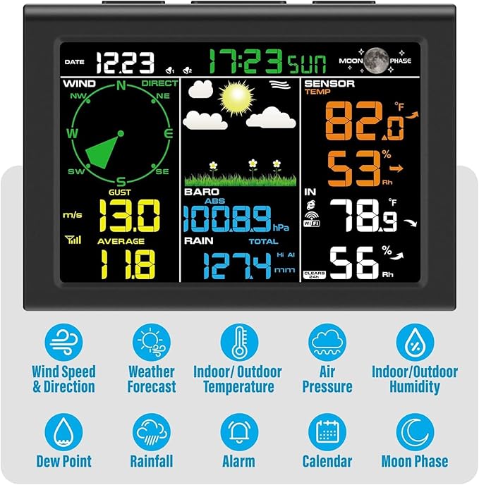 Sainlogic Professional WiFi Weather Station with Outdoor Sensor, Internet Wireless Weather Station with Rain Gauge, Weather Forecast, Wind Gauge, Wunderground, Black