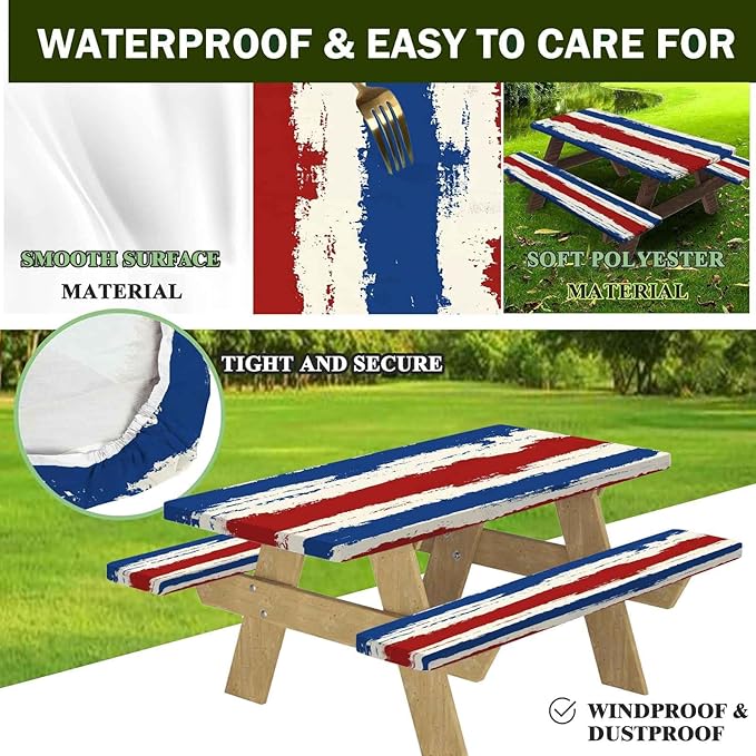 CAPSCEOLL Fitted Picnic Table Cover with Bench Covers with Elastic 6Ft Waterproof Camping Picnic Table Cover Cloths for Outdoors Camping Tablecloth with Drawstring Bag, 72X30in, Red Blue