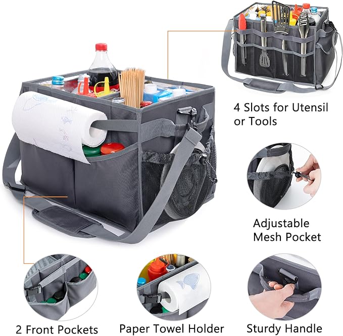 Large Grill Caddy with Paper Towel Holder โ Collapsible BBQ Organizer for Camping, Tailgating, RV, Boating โ Grilling Gifts for Men โ Griddle Tote Bag with Shoulder Strap โ Outdoor Essentials