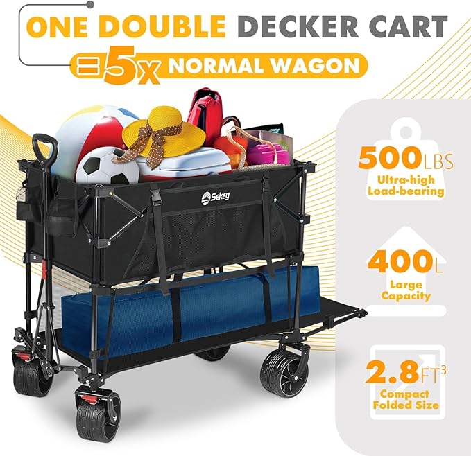 400L Large Capacity Folding Double Decker Wagon with Brakes, 50" Extra Long Extender Cart, 500lbs Heavy Duty Collapsible Wagons, All-Terrain Big Wheels for Camping, Sports, Shopping. Black