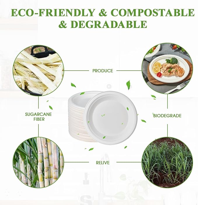 Vplus 125 Pack 6 inch Paper Plates 100% Compostable, Heavy-Duty Disposable Paper Plates Bagasse Natural Biodegradable Eco-Friendly Sugarcane(White)