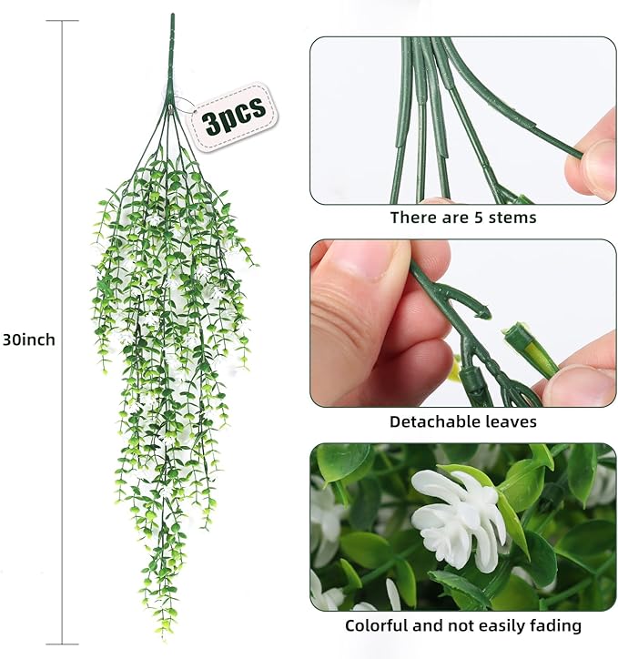 RECUTMS Artificial Hanging Plants Fake Hanging Plant Faux Eucalyptus Leaf Greenery Vine Outdoor UV Resistant Plastic Plants Home Garden Wedding Party Indoor Outdoor Decorations(White)