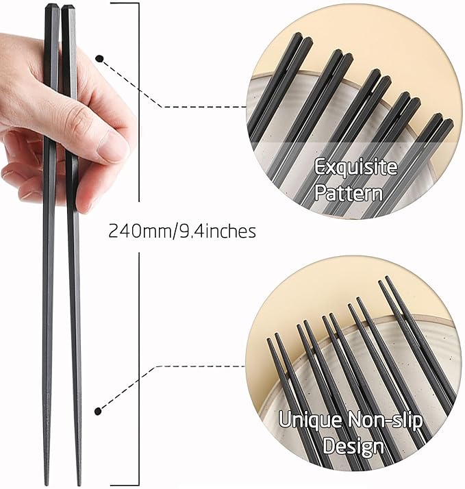 100 Pairs Hexagonal Fiberglass Sushi 24cm/9.4 Inch Dishwasher Safe Non-Slip Chopsticks,Japanese Style Black for Restaurant & Party.