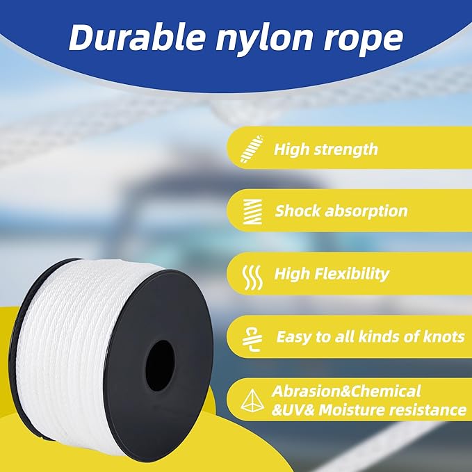 White Nylon Rope 1/8inch 100ft Braided Multi-Purpose Ropes for Outdoor&Indoor Heavy Duty for Camping, Boat, Garden, Clothesline, Marine, Soft & Flexible, High Tensile Strength