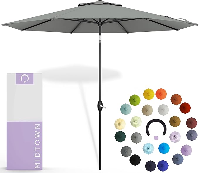 Midtown Umbrellas 10-Year-No-Fade - 8 Ft - UV Proof Matter (Grey) Polyester Fabric - Umbrella Outdoor Patio, Auto-Tilt Aluminum Frame Patio Umbrella for Garden, Pool & Deck - Black Pole