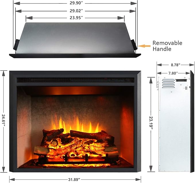 RICHFLAME 30 Inches, Edward Electric Fireplace Insert with Fire Crackling Sound, Weathered Concrete Interior, Remote Control, 750/1500W, Black